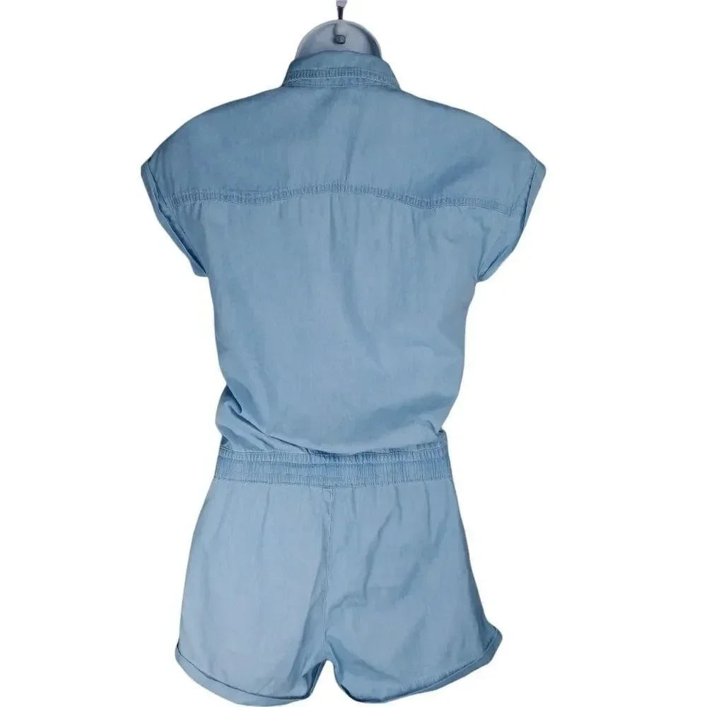 Revamped by  Sirens Denim Romper Jumpsuit Blue Cuffed Leg XS - Picture 6 of 8